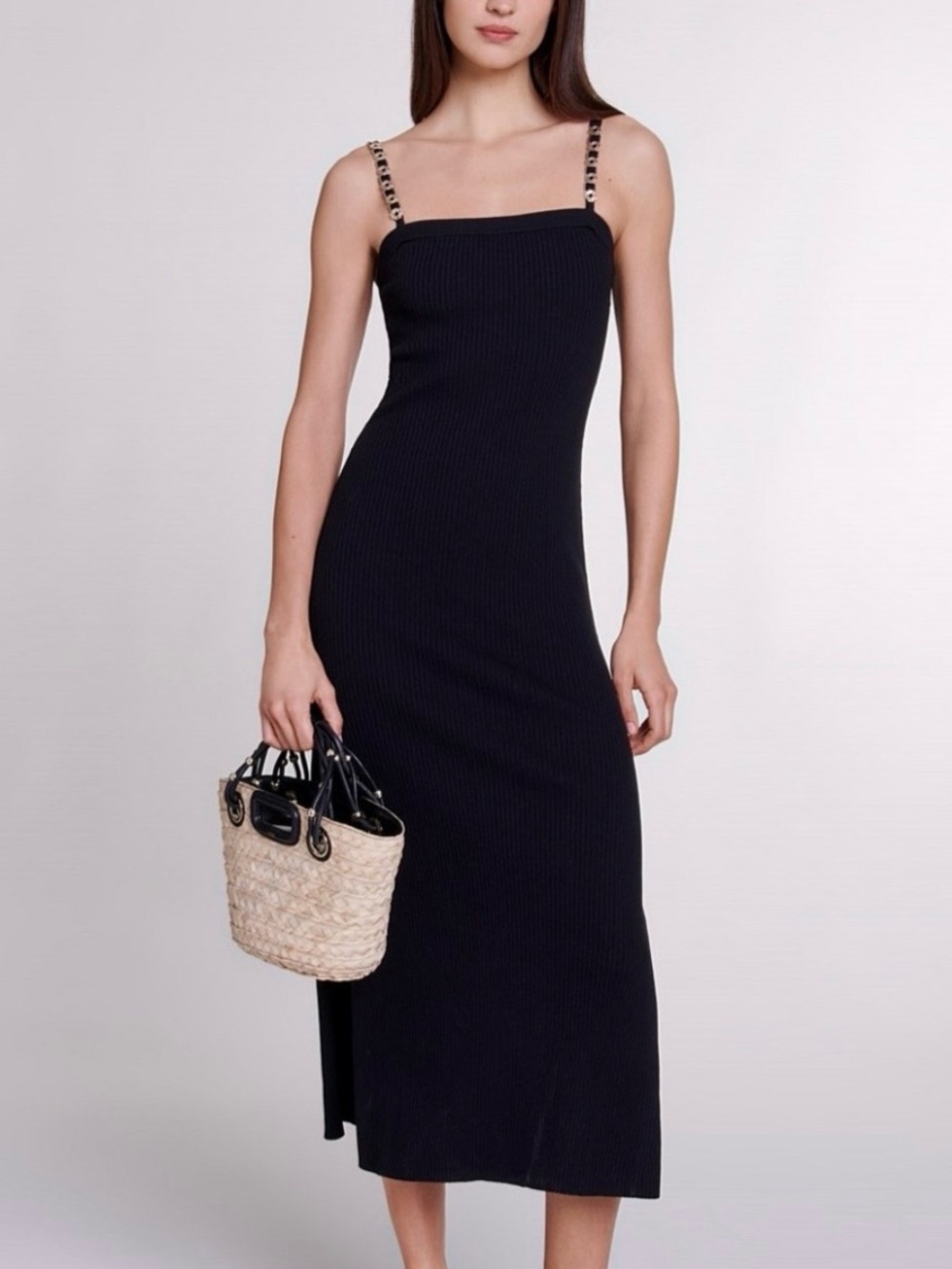 Maje Elegant Black Ribbed Midi Dress with Chain-Detail Straps